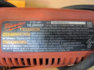 LOT TO INCLUDE: (3) MILWAUKEE ELECTRIC GRINDERS, (1) MAKITA ELECTRIC GRINDER, (1) AIRFLO PNEUMATIC AIR GRINDER. LOADING & HANDLING FEE $5-4003